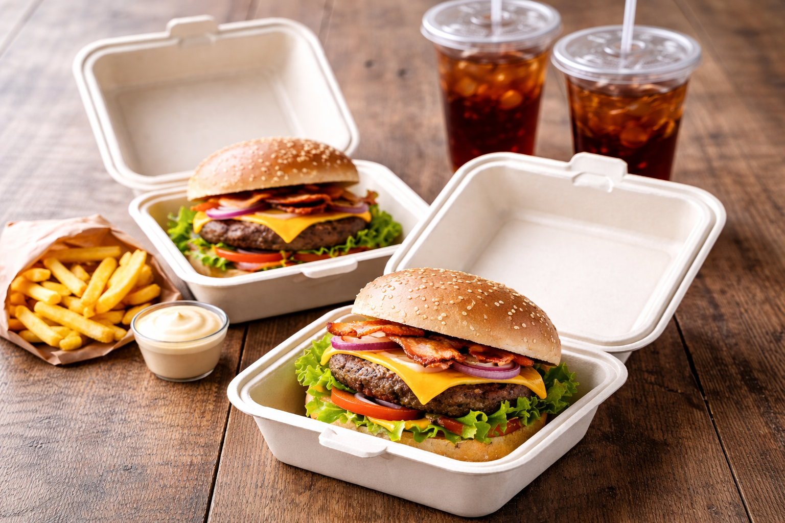 Bagasse burger boxes holding freshly prepared cheeseburgers on a wooden table with fries and drinks in the background