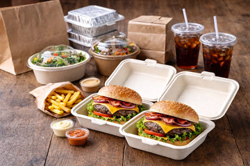 Eco-friendly food packaging display with bagasse burger boxes, aluminium containers, dome lids, sauce cups, fries, and takeaway drinks on a wooden table