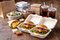 Eco-friendly food packaging display with bagasse burger boxes, aluminium containers, dome lids, sauce cups, fries, and takeaway drinks on a wooden table