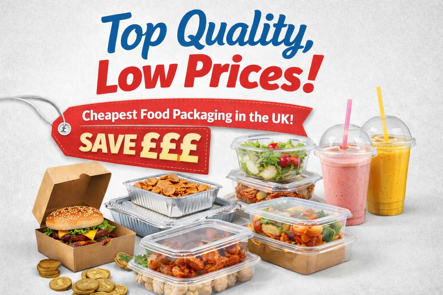 Promotional banner in 16:9 format showing high-quality takeaway food packaging including plastic food containers, aluminium foil trays, kraft burger boxes, and smoothie cups on a clean light background with bold text highlighting quality and low prices.