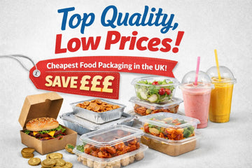Promotional banner in 16:9 format showing high-quality takeaway food packaging including plastic food containers, aluminium foil trays, kraft burger boxes, and smoothie cups on a clean light background with bold text highlighting quality and low prices.
