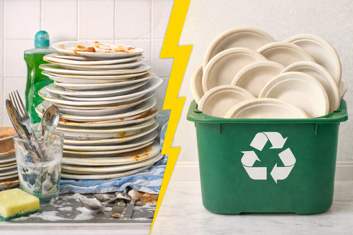Split image showing a large pile of dirty dishes with soap and water on one side, and biodegradable plates placed inside a green recycling bin on the other side, highlighting the contrast between washing up and eco friendly disposable tableware.
