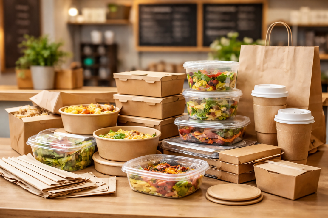 Affordable food packaging UK including kraft takeaway boxes, biodegradable bowls, clear salad containers and paper cups displayed on a wooden counter in a small café setting.