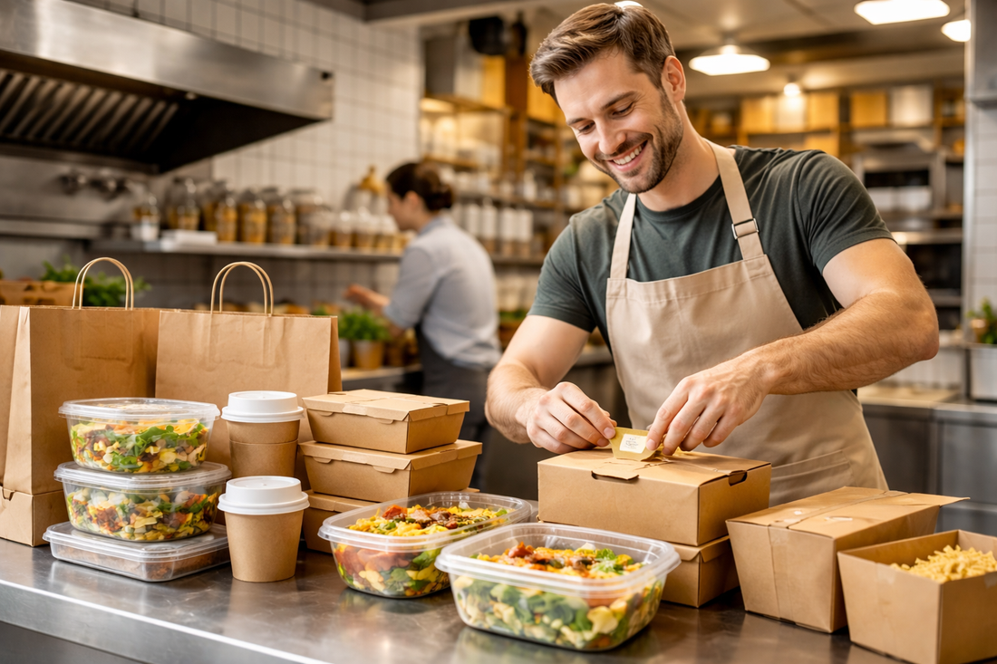UK takeaway owner sealing kraft food boxes in a professional kitchen, surrounded by biodegradable containers, paper bags and salad tubs ready for delivery.