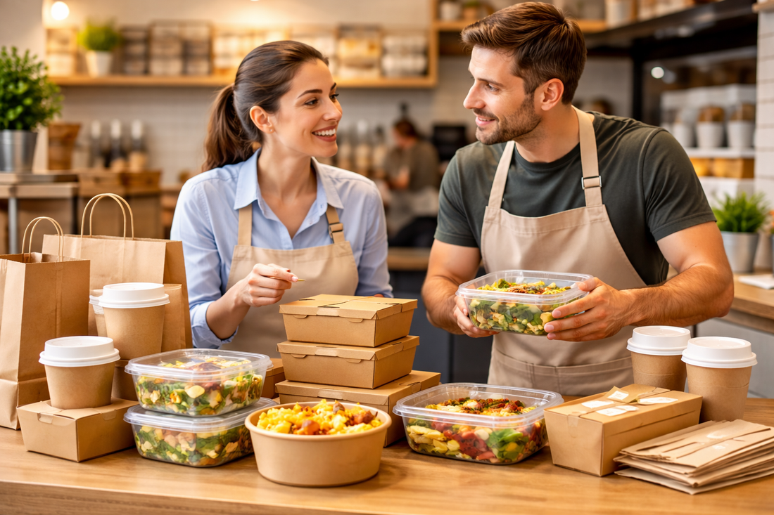 Two UK small business owners discussing affordable food packaging options over a counter filled with kraft takeaway boxes, salad containers and paper cups in a café setting.