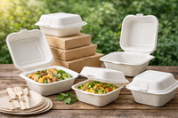 Biodegradable sugarcane clamshell food containers, both open and closed, displayed on a wooden table with compostable plates and wooden cutlery in a natural outdoor setting.