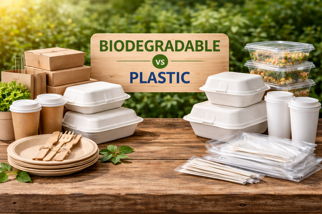 Comparison of biodegradable sugarcane clamshell containers and plastic takeaway packaging displayed side by side on a wooden table, highlighting eco friendly and traditional options.