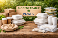 Comparison of biodegradable sugarcane clamshell containers and plastic takeaway packaging displayed side by side on a wooden table, highlighting eco friendly and traditional options.