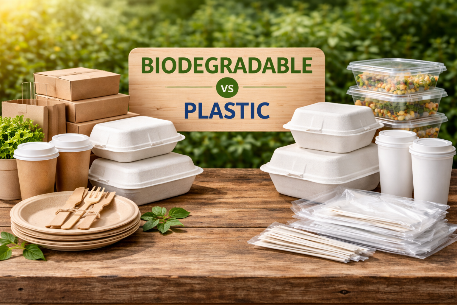 Comparison of biodegradable sugarcane clamshell containers and plastic takeaway packaging displayed side by side on a wooden table, highlighting eco friendly and traditional options.