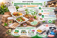 Side by side display of biodegradable takeaway containers and plastic food packaging, showing compostable clamshell boxes, kraft bowls and wooden cutlery compared with black plastic trays and clear plastic tubs.