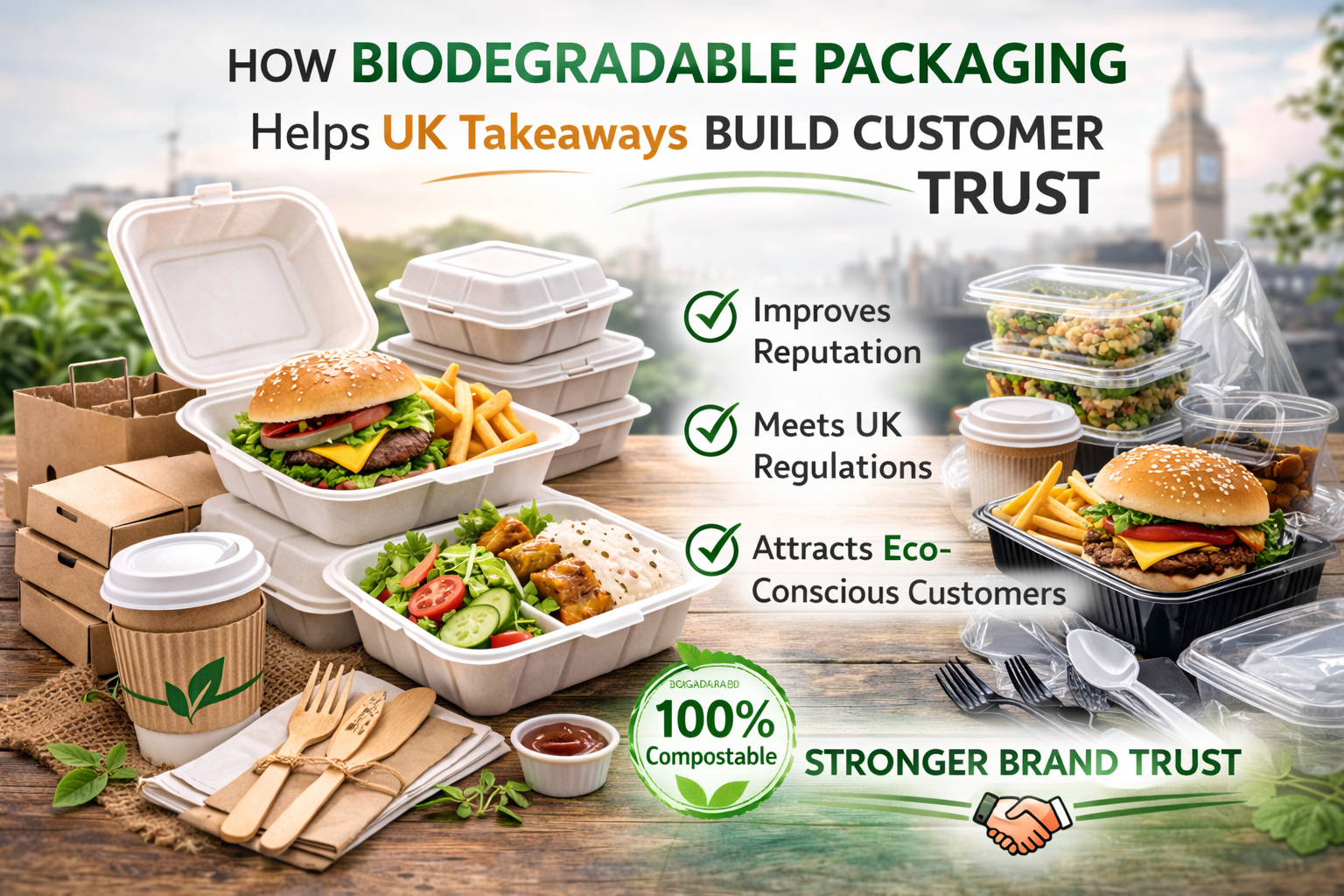 Promotional image showing biodegradable takeaway containers compared with plastic packaging, highlighting improved customer trust, UK regulation compliance and eco friendly benefits for takeaways.