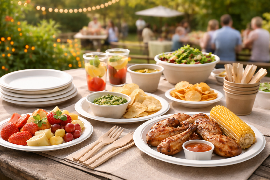 Disposable biodegradable plates and bowls used at a home garden family gathering