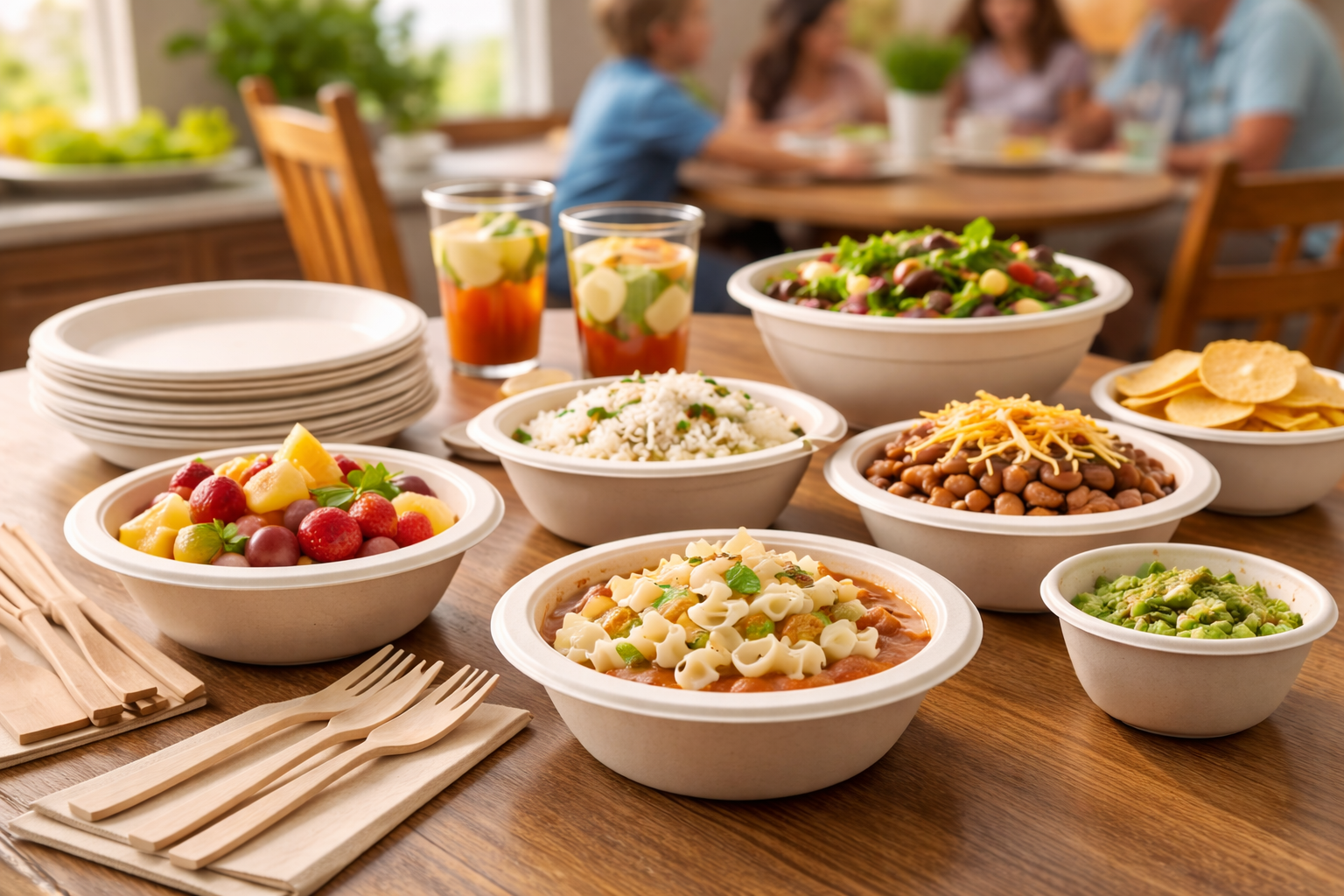 Disposable bowls used for a family meal at home with different dishes on the table
