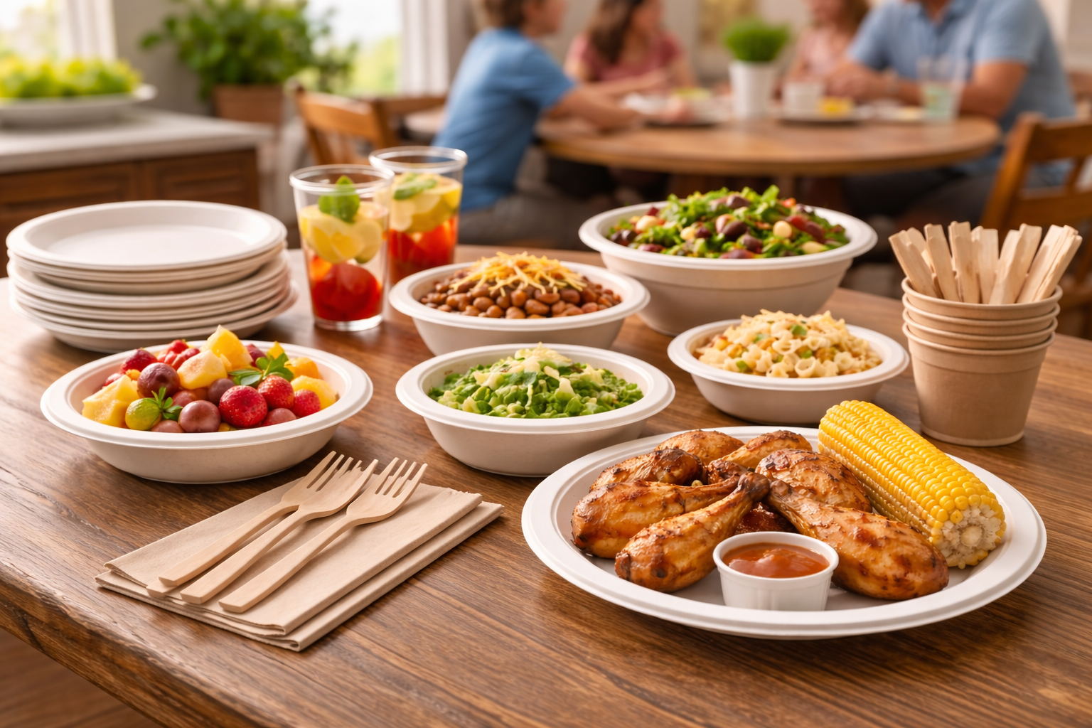 Disposable plates, bowls and cups used for a family meal at home