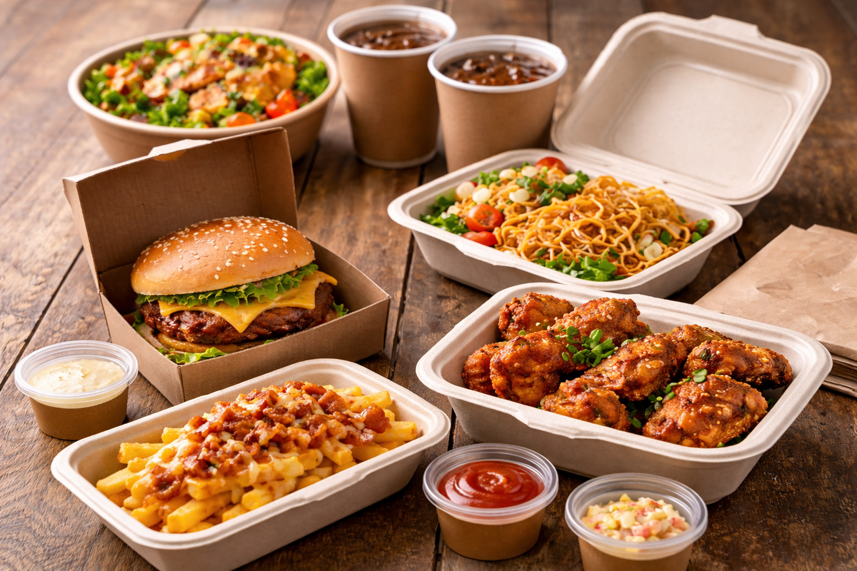Takeaway meal served in biodegradable burger boxes and eco friendly takeaway containers