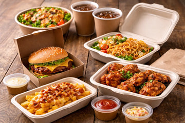 Takeaway meal served in biodegradable burger boxes and eco friendly takeaway containers