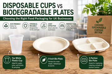 Eco-friendly food packaging display featuring a 7oz white plastic cup, 9 inch biodegradable plate and 5 portion bio plate on a wooden table with sustainability-themed graphics for UK food businesses.