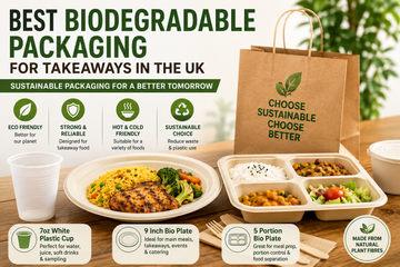Eco-friendly takeaway packaging display featuring biodegradable food containers, a 7oz white plastic cup, a 9 inch bio plate and a 5 portion compartment plate with takeaway meals on a wooden table, promoting sustainable food packaging for UK businesses.