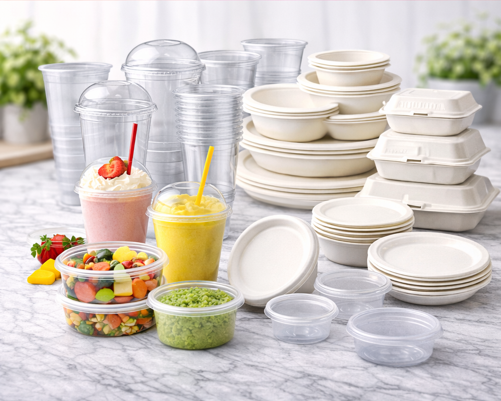 Display of biodegradable and plastic food containers with promotional text on a marble surface.