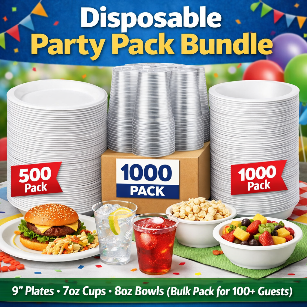 Bulk disposable tableware set including plates, cups and bowls for parties, catering and large gatherings