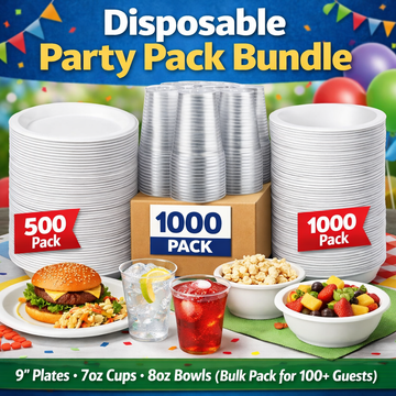 Bulk disposable tableware set including plates, cups and bowls for parties, catering and large gatherings